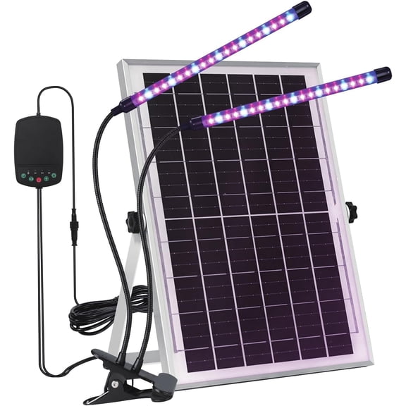 Solar Grow Lights with Batteries, 2 Heads Clip Plant Growing Lamp with Red Blue  for Indoor Plants, 3/9/12H Timer, 3 Dimmable Level, Adjustable Gooseneck,3 Switch Modes, Auto On Off