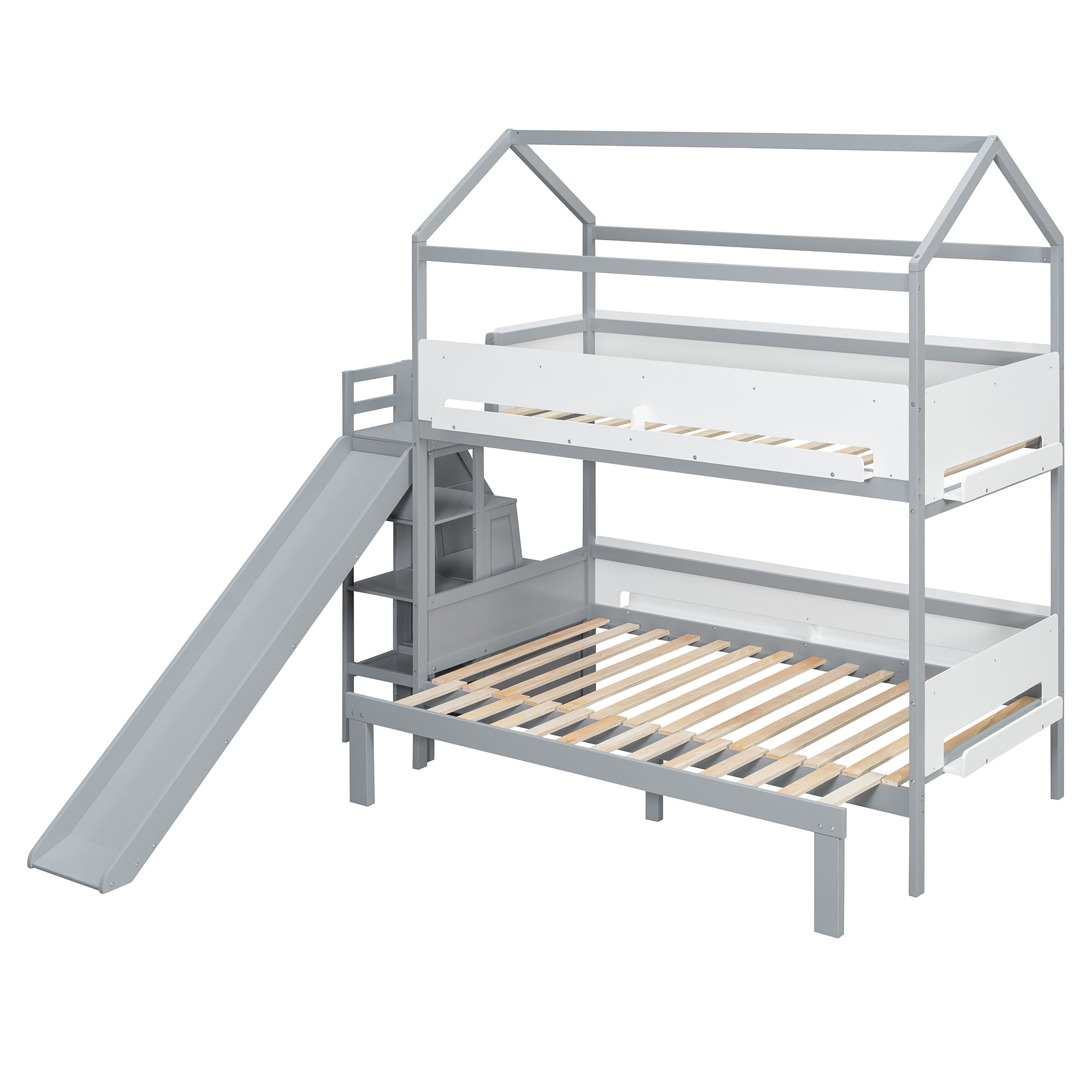 Mintazer Kids Twin Over Full Bunk Bed House-Shaped Bed Frame with Slide & Storage Staircase for Children Bedroom, Gray