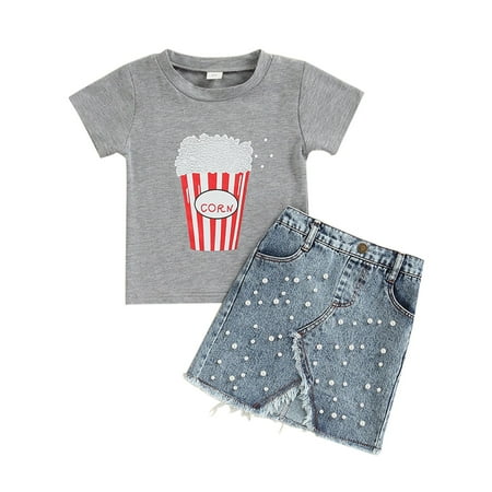 

BJUTIR Girls Summer Outfits Toddler And Little Child Popcorn Printed Short Sleeved T Shirt Beaded Denim Skirt Two Piece Set
