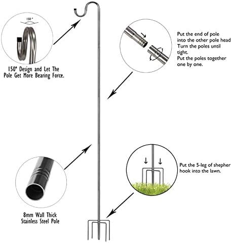Bird Feeder Pole,30 to 62 inch Adjustable Shepherds Hook Heavy Duty 5 Prong Metal Hanger Hook Garden Plant Hooks for Wedding Decoration(1 Pack)