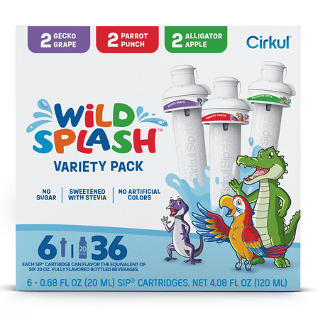 Cirkul Wild Splash Flavor Cartridge Variety Pack, Drink Mix, 6-Pack (2 Parrot Punch, 2 Alligator Apple, & 2 Gecko Grape)
