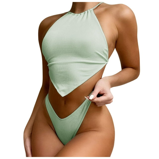 NINGMENG Bikinis for Women Summer Solid Color Spaghetti Strap V Neck Tops With Thongs Split Two Piece Tankini Swimsuits For Women Bathing Suits,Green,XL