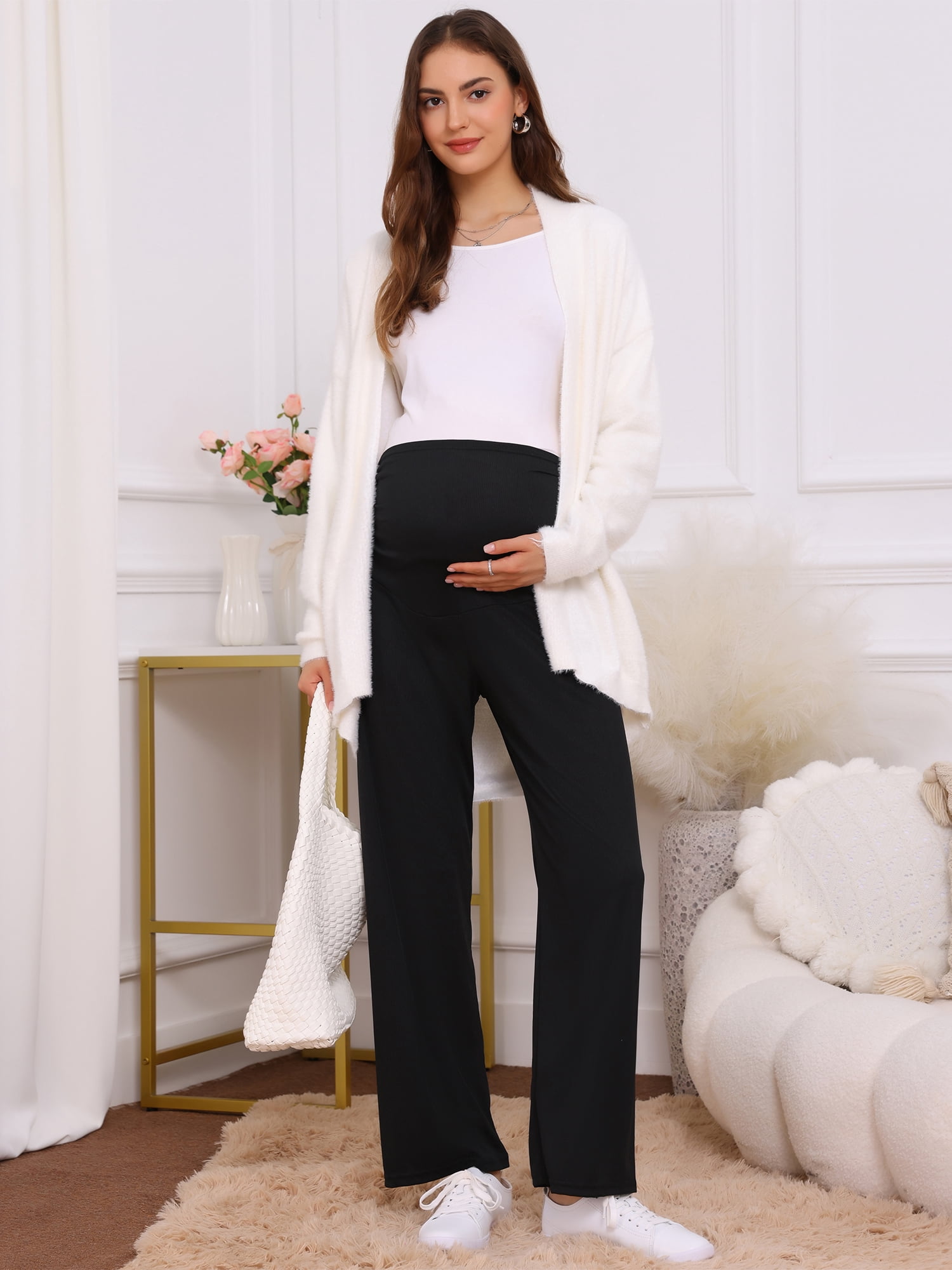 DARING DIVA Women's Maternity Palazzo Pants Over the Belly Wide Leg Trousers XL Black