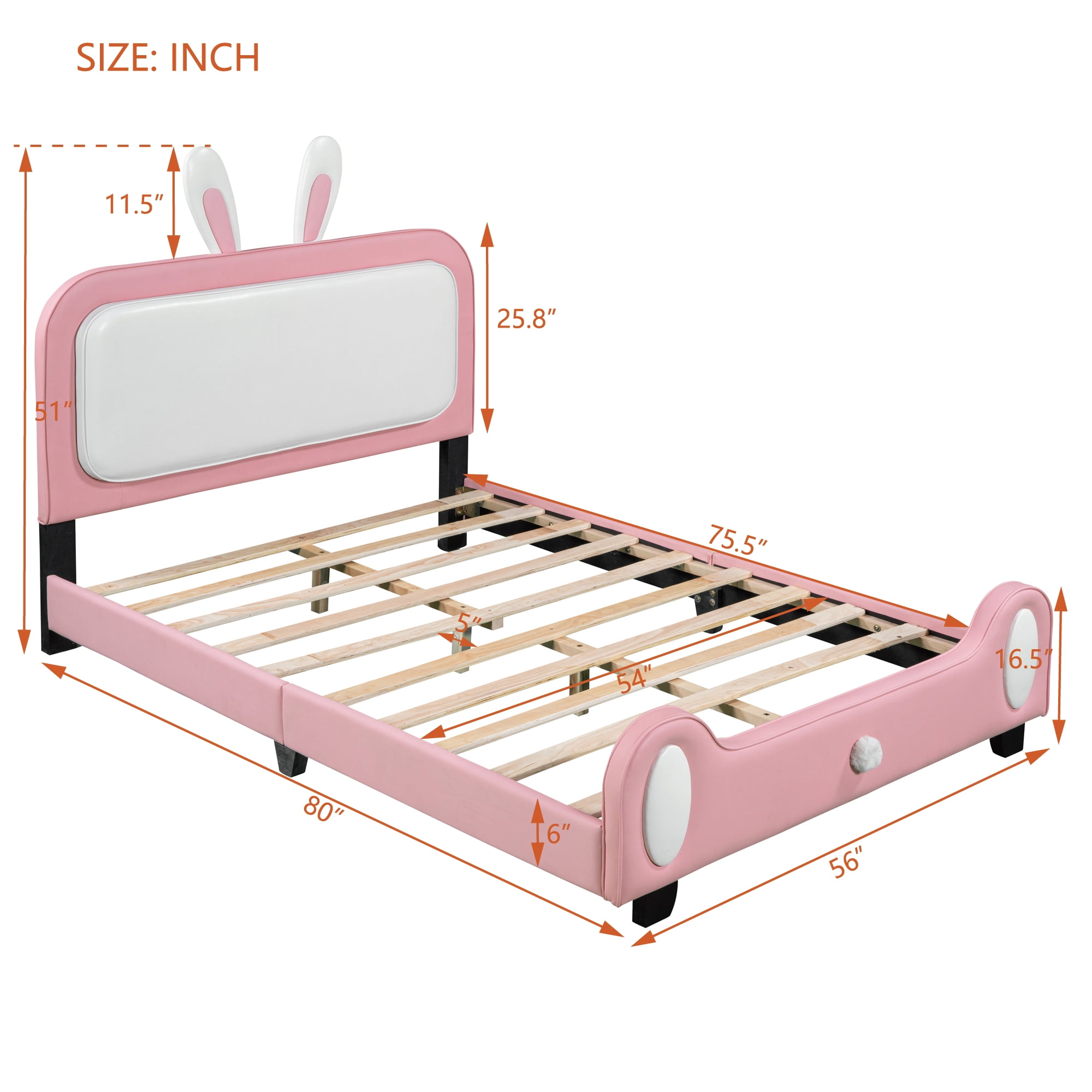 Aukfa Upholstered Platform Bed with Rabbit-Shape Headboard and Footboard, Full Size Princess Bed for Kids - White