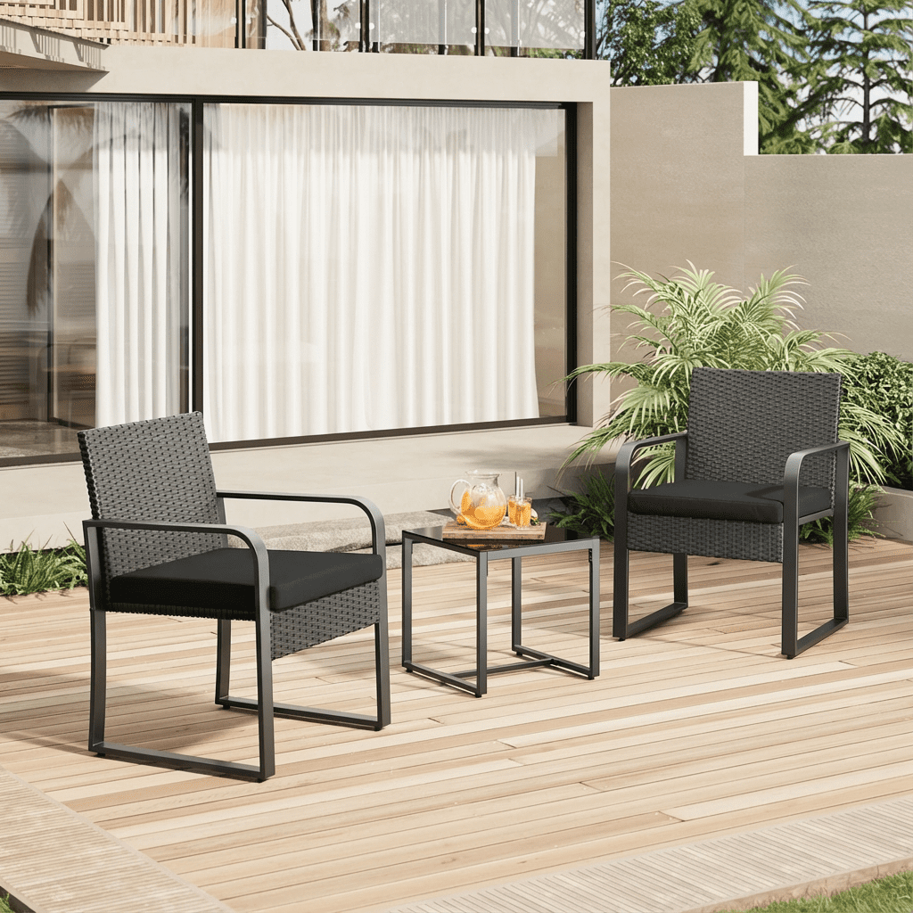 Asofer 3 PCS Patio Furniture Set, Outdoor Bistro Wicker Chair with Glass Table, Poolside, Balcony, Black Cushion