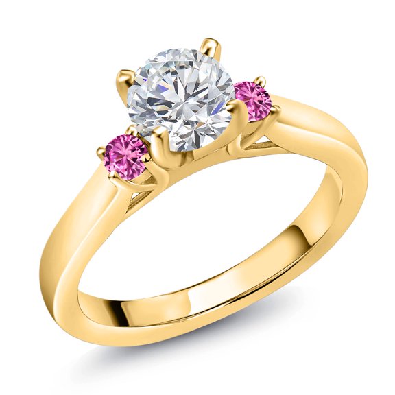 Gem Stone King 18K Yellow Gold Plated Silver Lab Grown Diamond and Pink Created Sapphire Engagement Ring for Women | 0.84 Cttw | Round 6MM | Gemstone April Birthstone | Size 7