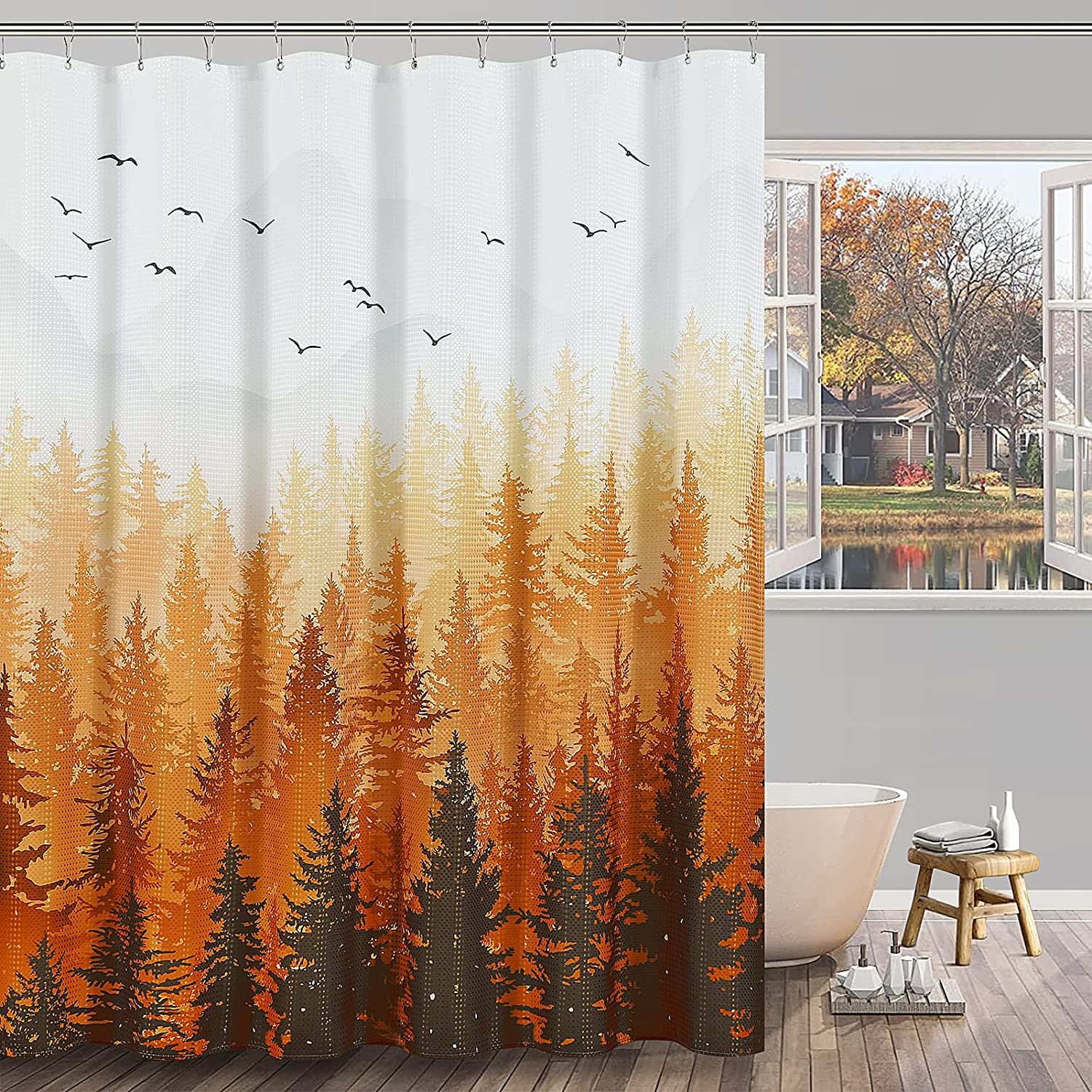 Fall Shower Curtain Rustic Forest Shower Curtain Warm Yellow Boho