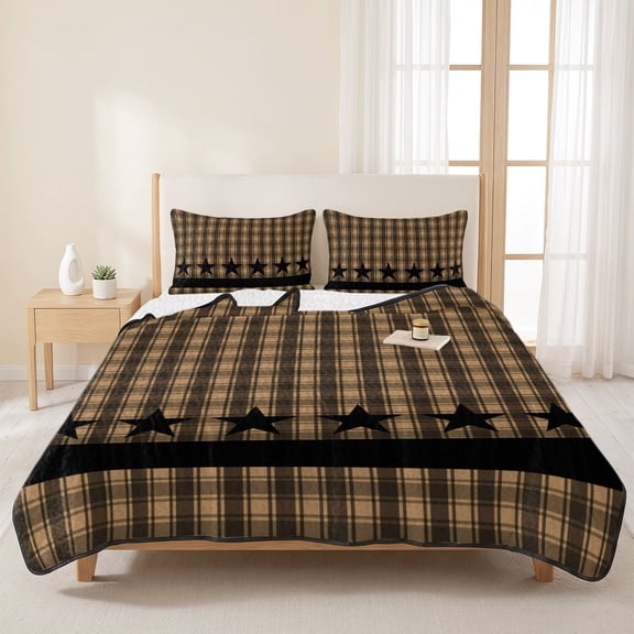 3 Pieces Queen Quilt Set,Vintage Black Star on Buffalo Checkered Soft Bedding Sets with 1 Quilt & 2 Pillow Shams,Western Farm Summer Bedspread Lightweight Coverlet Comforter for All Season