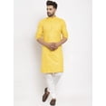 thumbnail image 2 of eloria Men's Traditional Yellow Solid Cotton Blend Mandarin Neck Straight Kurta with Churidar, 2 of 7