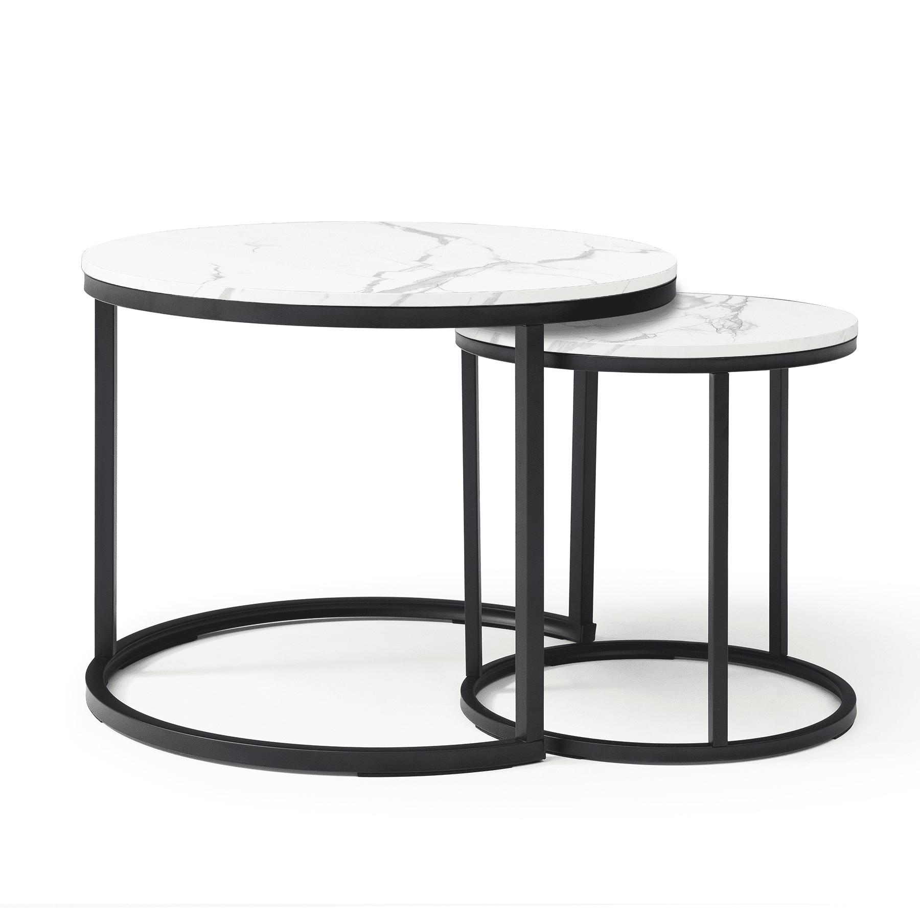 Set of 2 Nesting Round Coffee Tables, White & Marble Pattern Tabletop with Black Metal Frame, Modern Industrial Wooden Side Table, Accent Nightstand for Living Room Bedroom Apartment