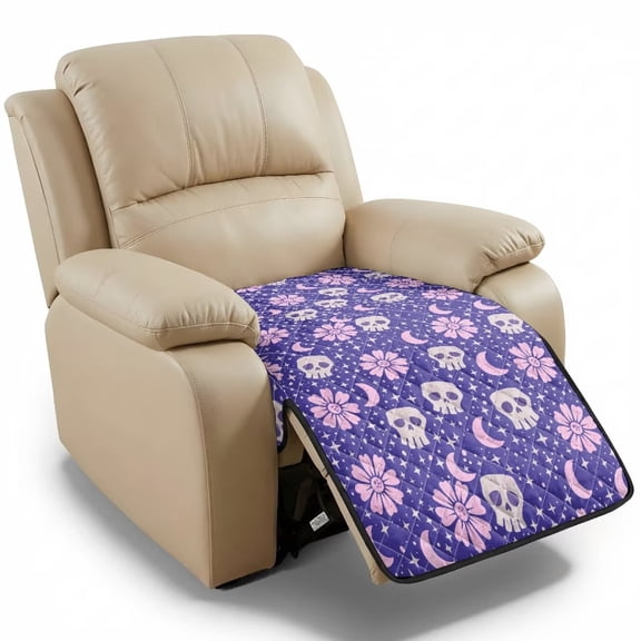 ZIATUBLES Skull Moon Floral Print Recliner Chair Cover, Quilted Polyester Furniture Protector with Anti-Slip Silicone Dots, Washable Pet Friendly Seat Cushion Slipcover for Living Room