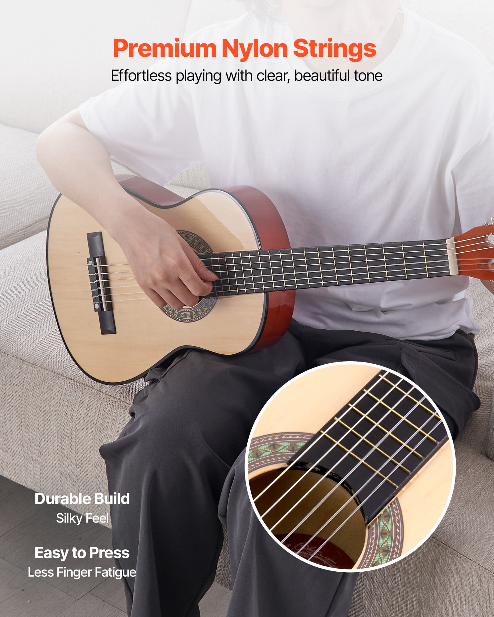 VEVOR 30in Classical Guitar,Wood Guitar Starter Kit for Beginners, with Nylon Strings, Gig Bag, Strap, Tuner, Extra Strings, Picks, Capo, Basswood,for Kids Girls Boys Students, Natural