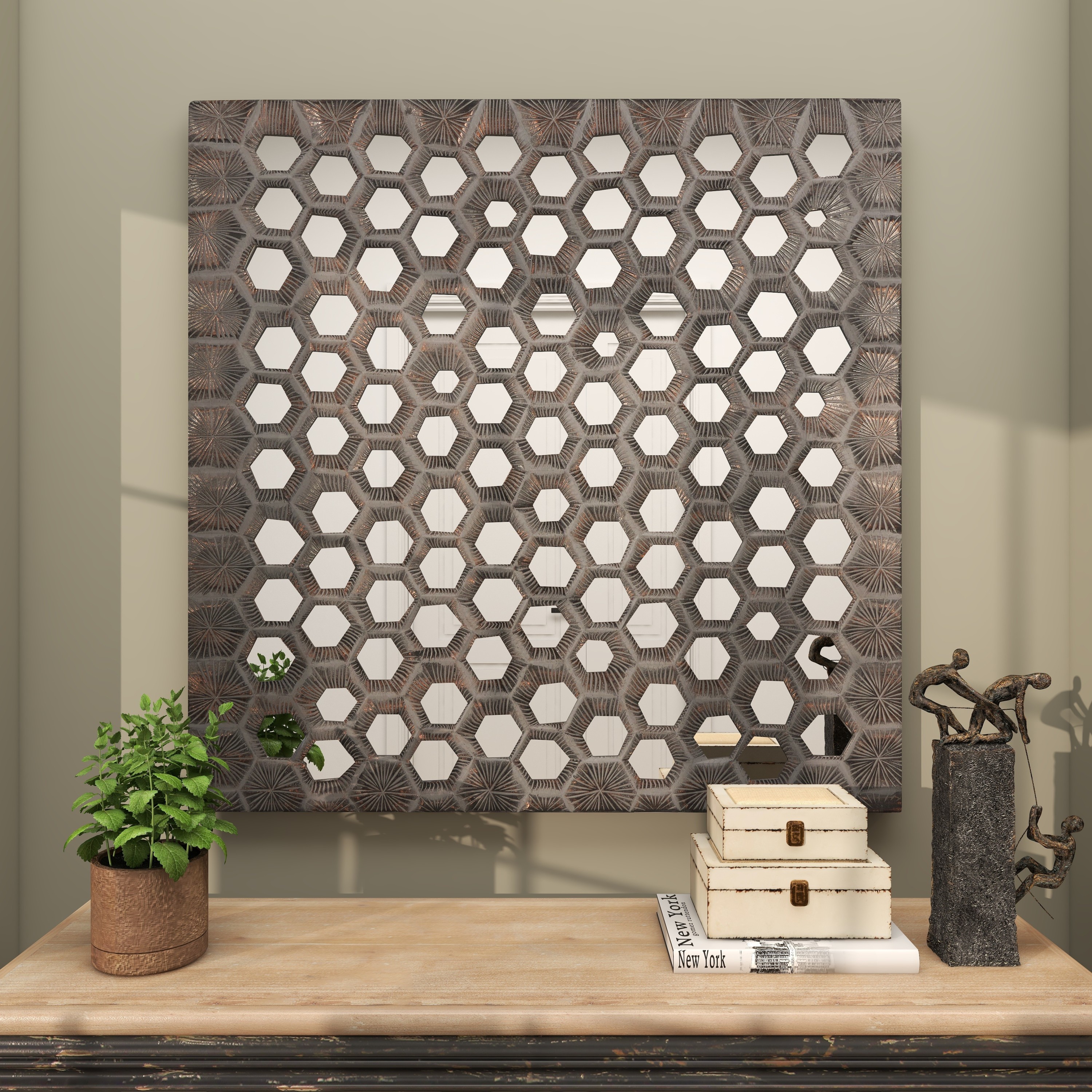 DecMode Gray Wooden Handmade Inspired Coral Wall Decor with Mirror Backing