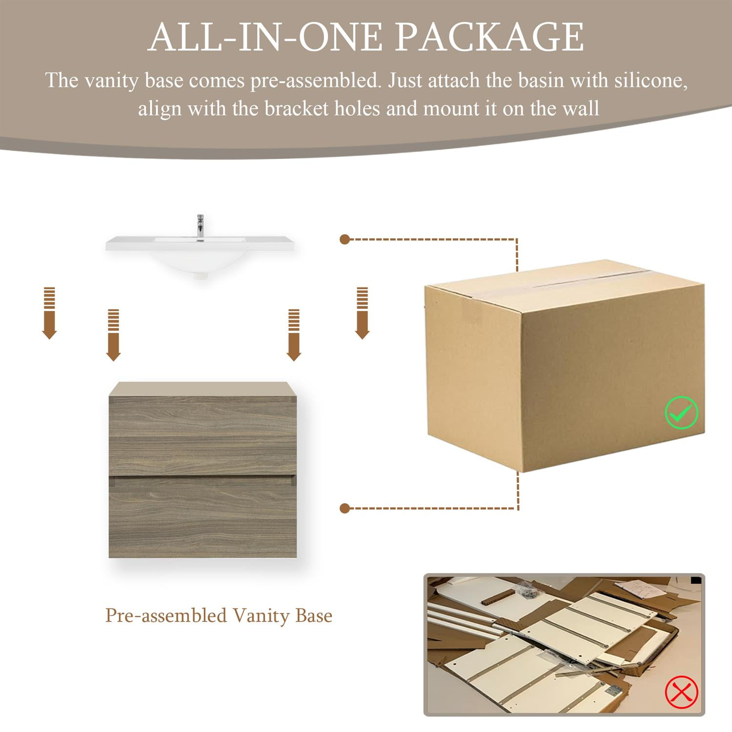 Demi Bonn 24" Floating Bathroom Vanity with Sink, Resin Top Basin and 2 Soft Close Drawers, Faucets and Drains Not Included, Gray