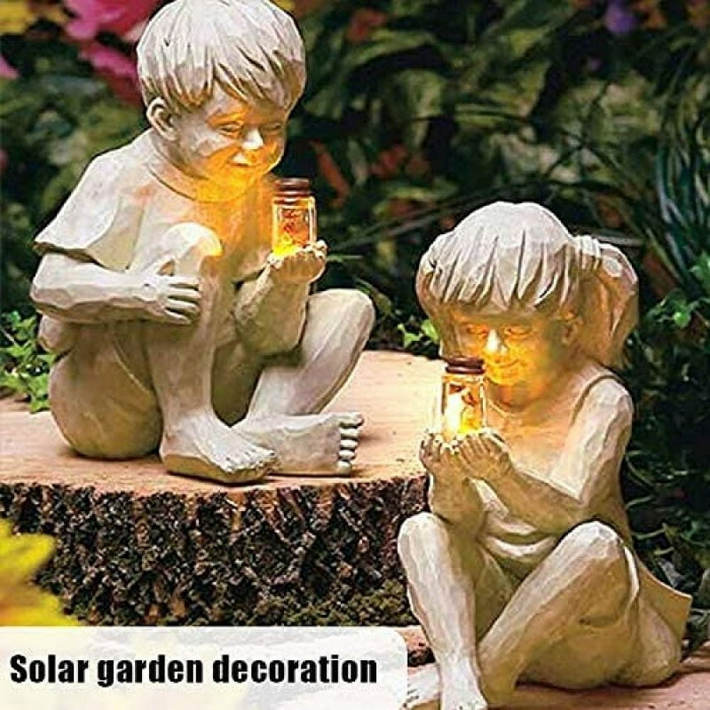 QUTETN Garden Decoration Figures  A Child With Solar Fireflies Garden Statue Resin Jar Boy Girl Statue Whimsical Flower Bed Yard Outdoor Sculpture Decor