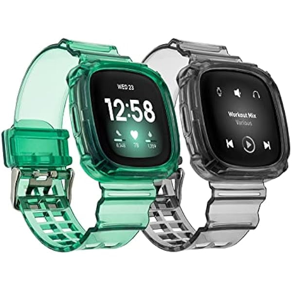 wonima11 2 PACK Bands Compatible with Versa 3/versa 4/Sense/Sense 2 Bands for Women Men, Clear Bands with Bumper Case Replacement for Fitbit Versa 3 /Versa 4 / Fitbit Sense / Sense 2 (Black + Green)