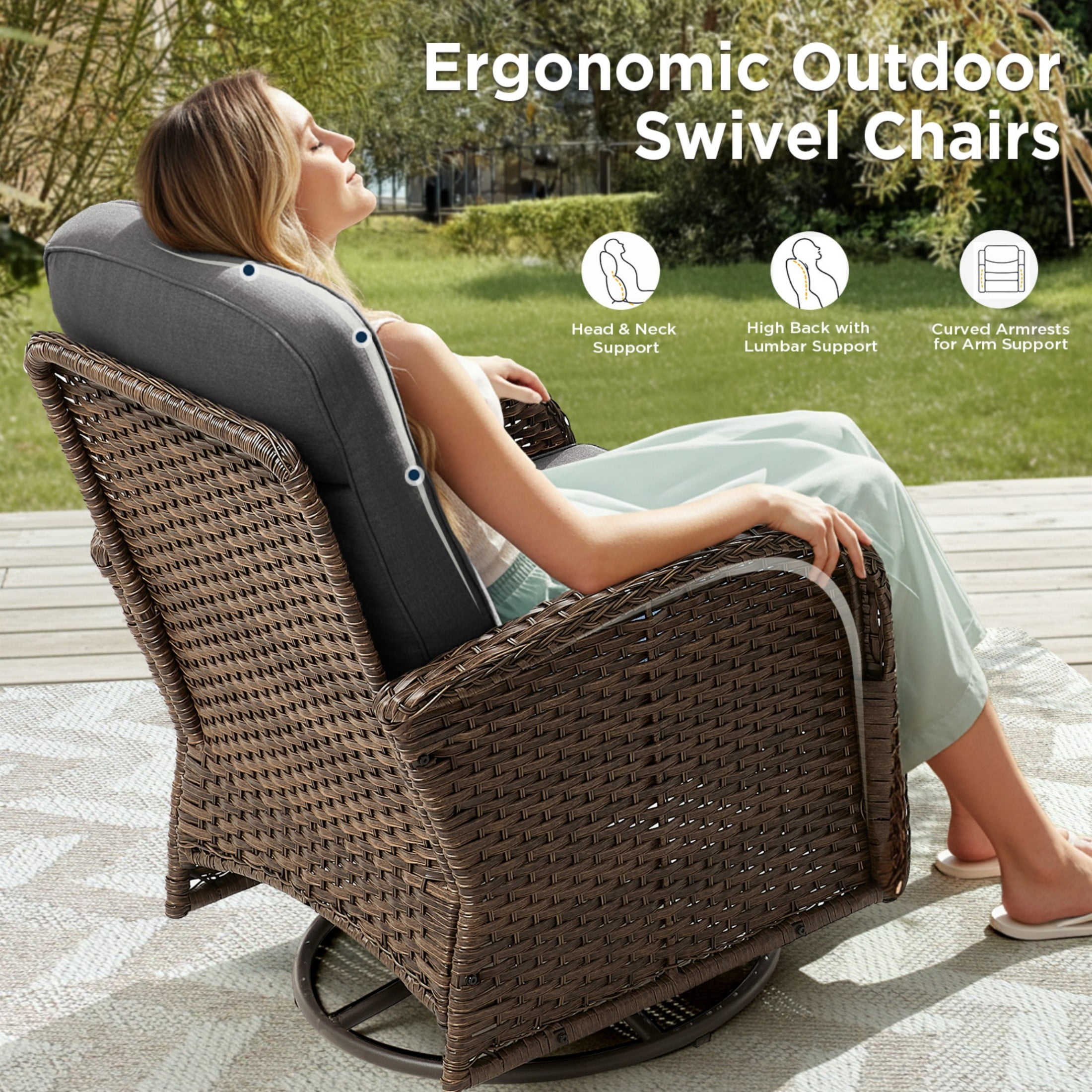 Unnifurnzi 8 Pieces Patio Furniture Set-6'' Thick Cushions Outdoor Furniture with Swivel Rocker Chairs Outdoor Couch and Coffee Table Wicker Patio Furniture for Deck Porch Garden Poolside-Brown/Gray