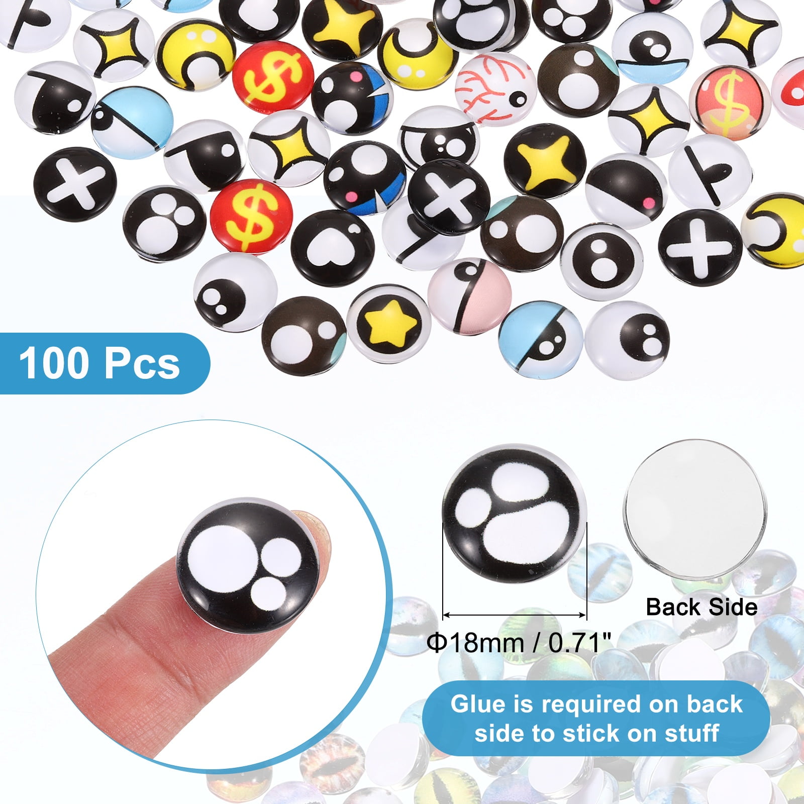 Uxcell 100 Pcs Glass Safety Eyes, 18mm Cabochon Crochet Safety Kawaii Doll Craft Eye for Clay Crochet Animals Handicrafts DIY Jewelry Projects, Blue/Black/White/Yellow/Red (215#)