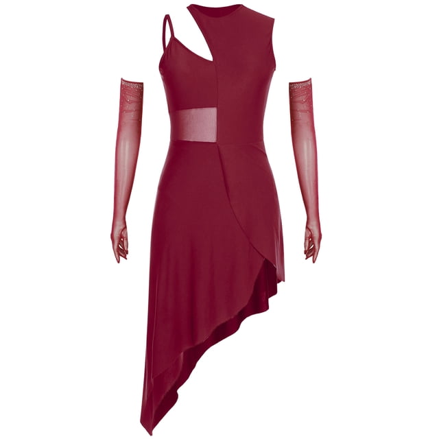 CHICTRY Robe de Danse Latine pour Femmes avec Strass Gants Longs pour Bal Salsa Cha Cha Robe de Fête Bourgogne TTG