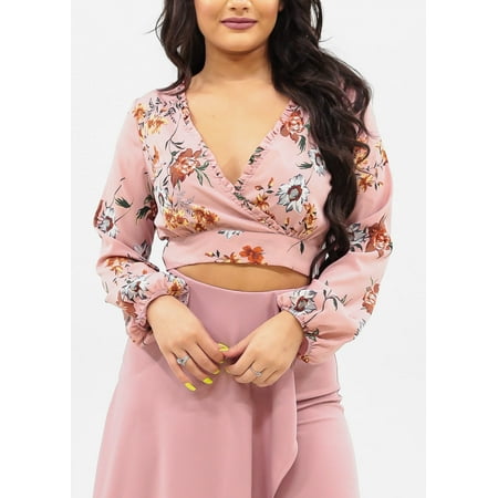Women's Junior Ladies Sexy Must Have Summer Vacation Wrap Surplice Front V Neckline Ruffle Detail Long Sleeve Back Open Tie Belt Blush Mauve Floral Crop Top (Best Handgun For A Woman To Have)