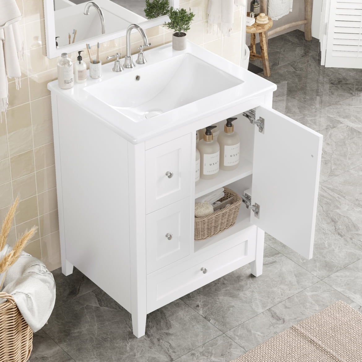 24 Inch Bathroom Vanity with Sink, Solid Wood Bathroom Sink Vanity Cabinet with Removable Dividers Drawers and Adjustable Shelves, Small Bathroom Sink Cabinet, White