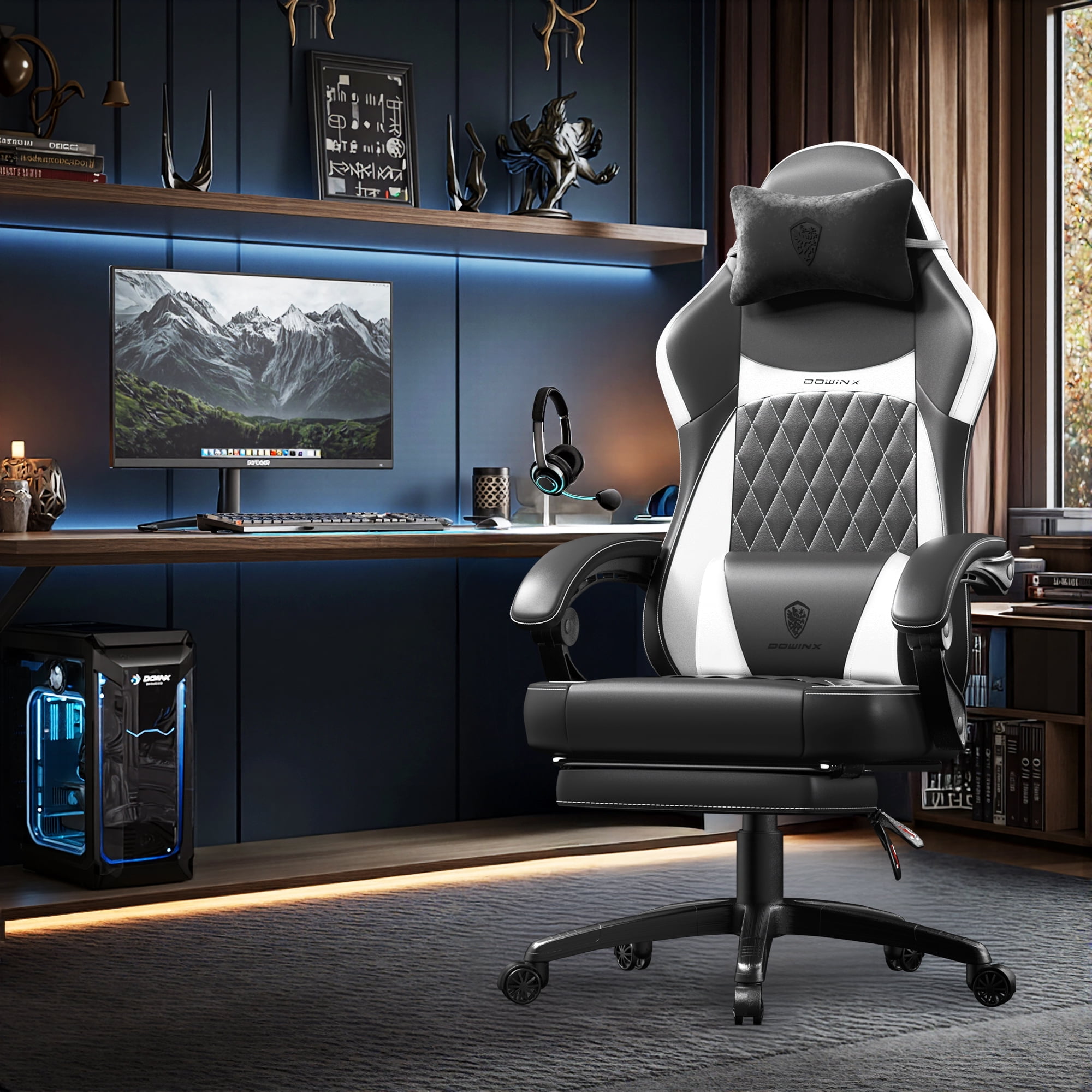 KARXAS Adult Gaming Chair Faux Leather PC Gaming Chair with Footrest and Lumbar Support, Black and White