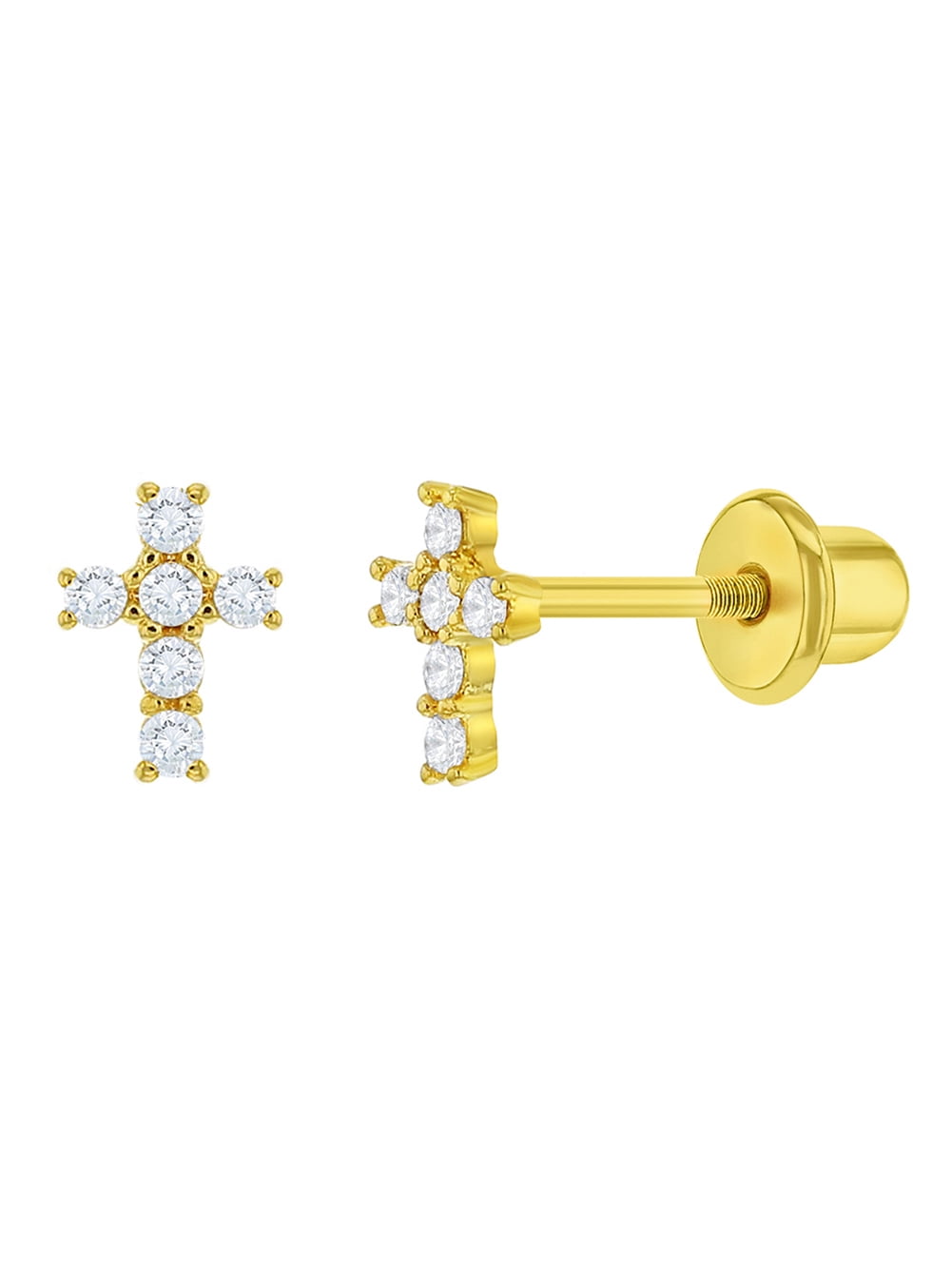 Gold Plated Clear CZ Religious Cross Earrings with Screw-on Backs for Kids