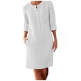 thumbnail image 2 of Robe en Lin de Coton pour Femmes Manches Mi-Longues Robe Unie Col Rond Décontractée Robe de Soirée Tenue de Détente, 2 of 5