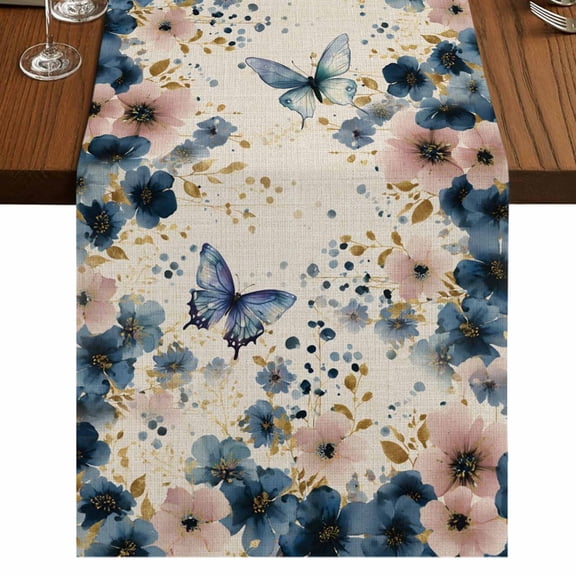 Table Runners 90 Inches Long Dress Scarves, Weeping Blue Floral Farmhouse Coffee/Dining/Kitchen Table Runner for Living Room, Spring Butterflies Flowers Linen 13x90 Inch