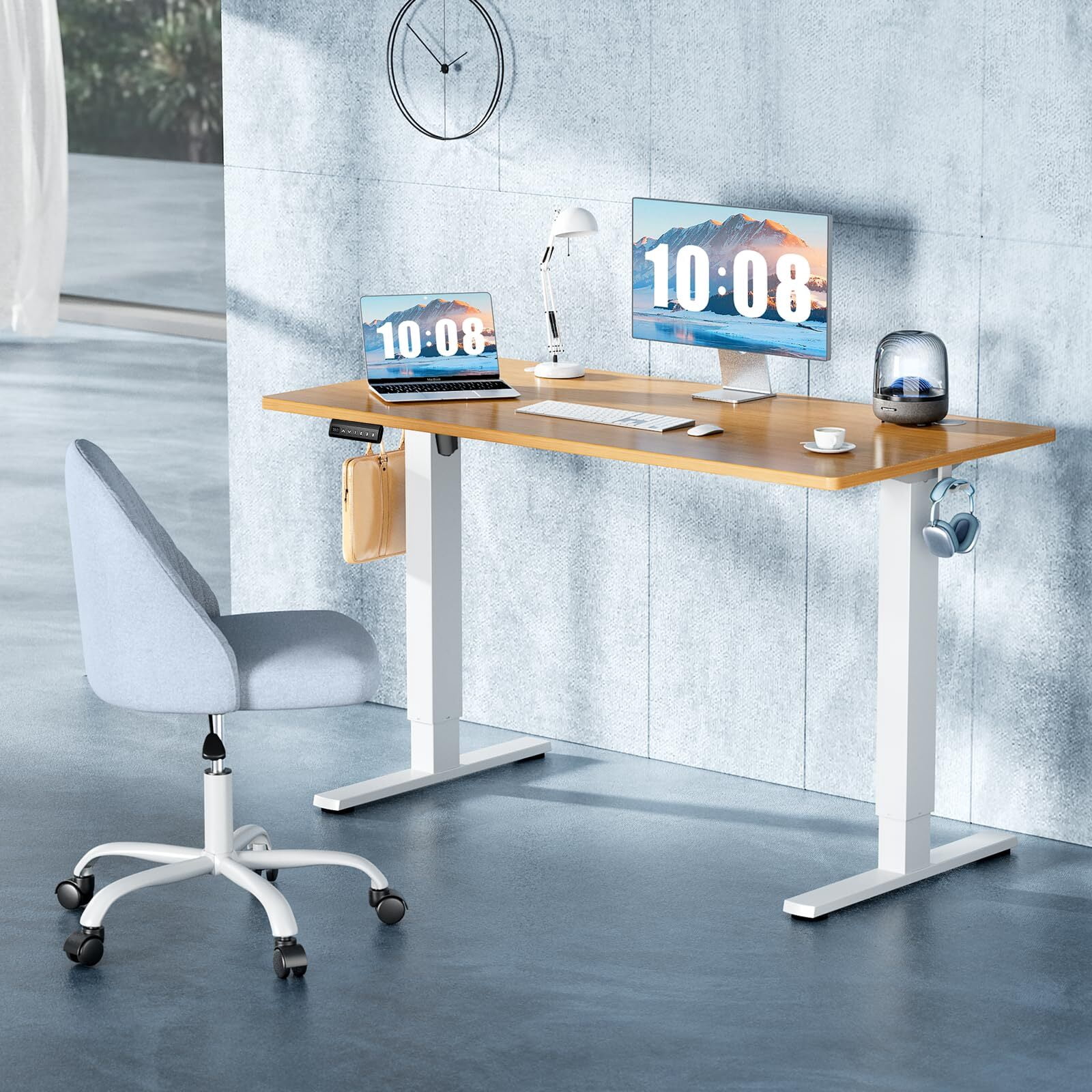 Kelno 48" Electric Standing Desk Height Adjustable Sit-Stand Desk with 3 Memory Presets Splice Desktop, Oak