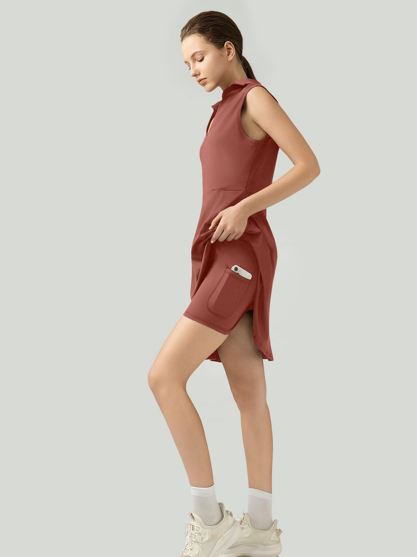Golf Tennis Dresses, Women Athletic Dress with Separate Shorts, V Neck Sleeveless Workout Dresses Solid Color M
