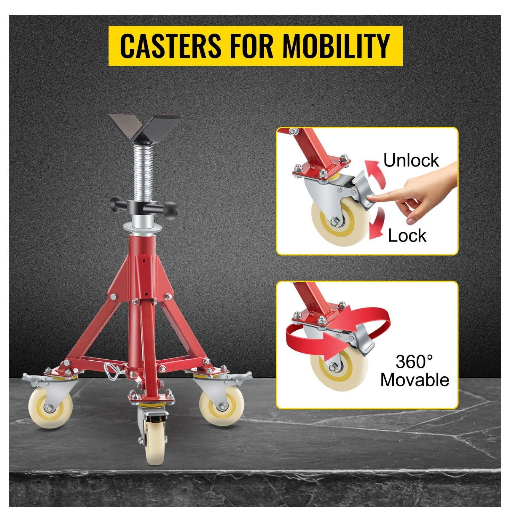 Pipe Jack Stand V Head Adjustable 20-37 Inch, 882 LBS Capacity, Folding Portable Steel Pipe Stands with Casters 1/8-12 Inch Pipe Support