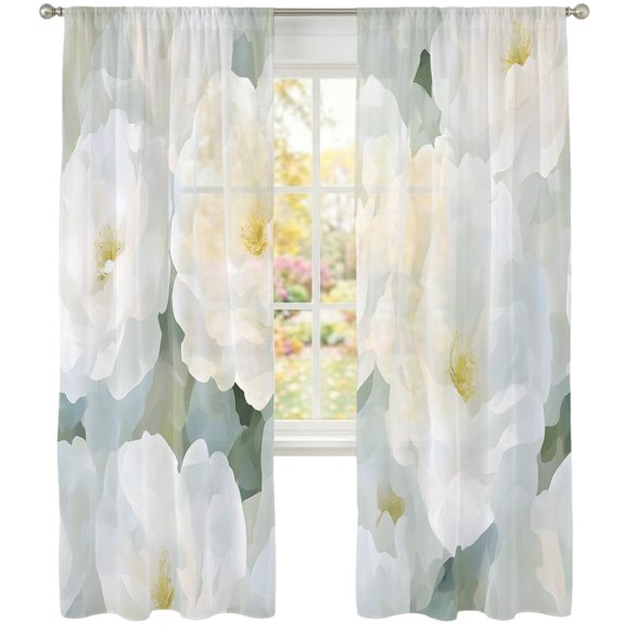 Spring Floral Sheer Curtains 84 inches Long, Retro White Floral Camellia Watercolor Light Filtering Sheer Window Curtains Rod Pocket Voile Drapes for Bedroom Living Room, 2 Panels
