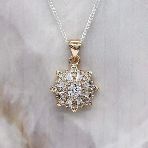 Round Cut 2 Ct White Lab Created Diamond Pendant Flower 14K Yellow Gold Plated