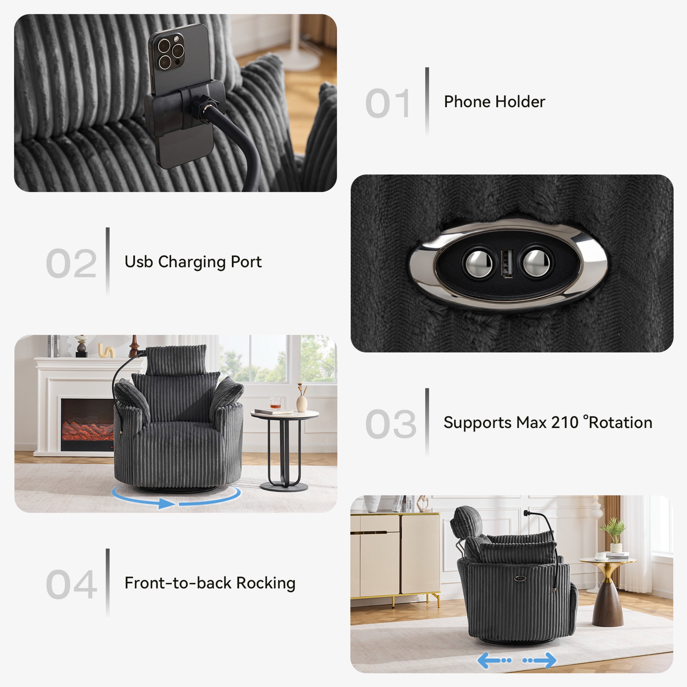 Noble House Sigrid 210° Swivel Rocking Recliner Chair, Electric Power Adjustable Corduroy Armchair with USB, Gray