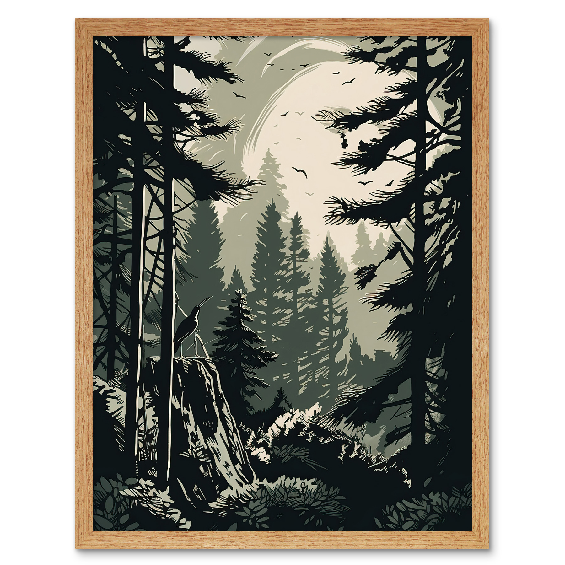 Pine Tree Forest Sunrise Landscape Illustration Art Print Framed Poster ...