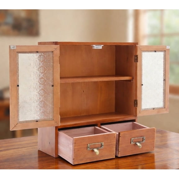 Rustic Wall Mounted Cabinet with Frosted Glass Doors and 2 Drawers - Vintage Wood Storage Shelf for Kitchen, Bathroom, Living Room