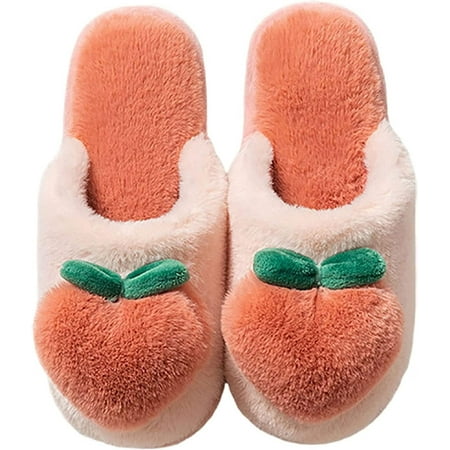 

shuwee Cute House Slippers for Women Cute Peach Plush Slippers for Women Non-Slip Fluffy Slippers Indoor Winter Warm Plush Fruit Slippers