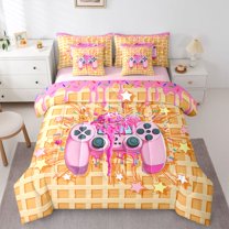 Feelyou Pink Gamepad Kids Bedding Comforter Set 7 Pieces, Ice Cream Stars Full Bedding Set