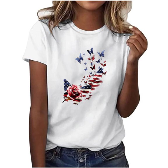ShiShine Womens 4th of July Shirt Print Short Sleeve Collared Blouse Patriotic Floral Top for Independence Day Summer