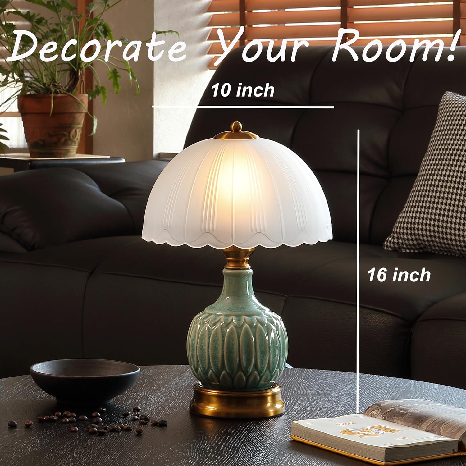 Vintage Lamp for Living Room,16" Modern Ceramic Table Lamps for Bedroom,Retro Bedside Nightstand Traditional Lamps, Classic Chinoiserie Green Lamp for Home Decor (LD002)