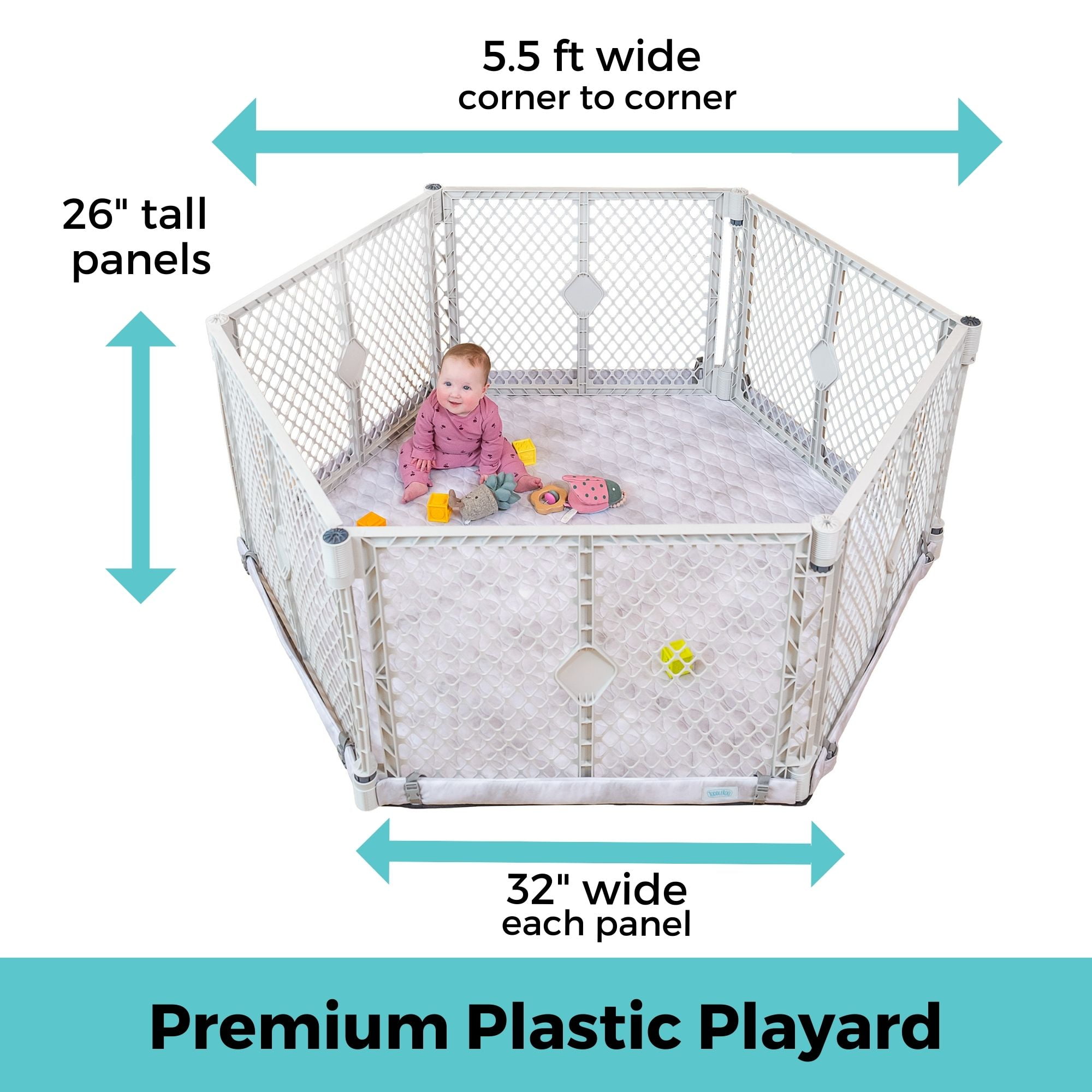 Toddleroo by North States 6-Panel Superyard Nook with SecureMat, Hexagon Clouds, White