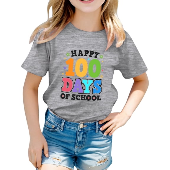 WMQPNNS Boys Girls 100 Days of School Shirt Summer Tops for Girls 7-8 Summer Casual Short Sleeve Tops Classic Crewneck Graphic Tees Kids Outfits(Size 6-7 Years,Grey)