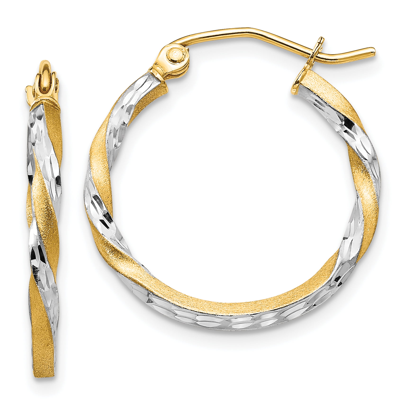 14k Gold & Rhodium Satin Diamond Cut Twisted Hoop Earrings