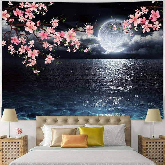 Ocean Tapestry Moon Tapestry Wall Hanging Pink Cherry Blossom Japanese Anime Scenery Tapestry for Bedroom Living Room Decor Artistic, 60X40IN