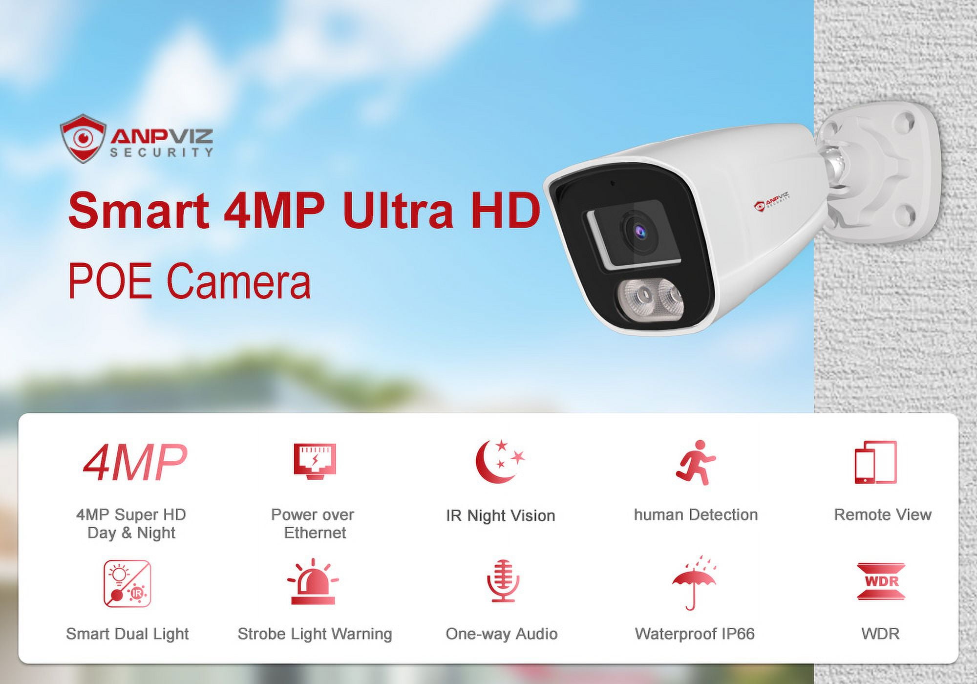 Anpviz 4MP POE IP Camera Outdoor Security PoE H.265 CCTV Video Surveillance Camera 2.8mm Lens Remote View Audio IR 30m IP66 P2P