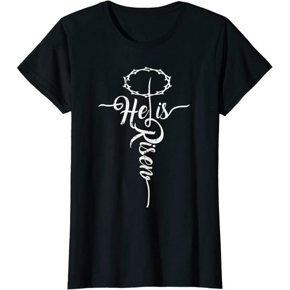 He Is Risen Cross Jesus Religious Easter Day Christians T-Shirt for Women Black Medium
