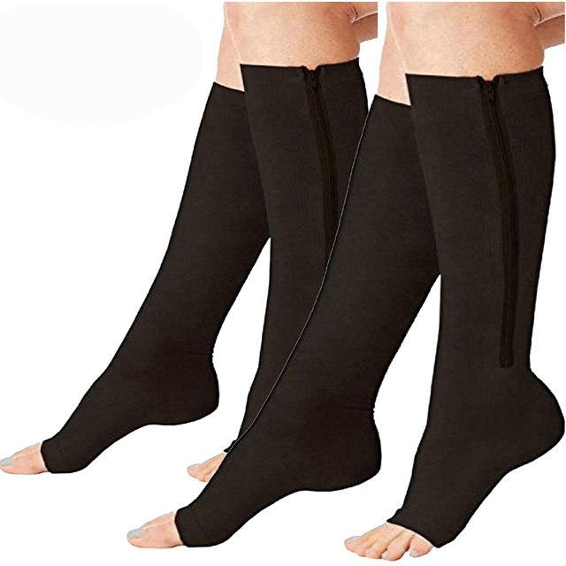 2 Pairs Compression Socks Toe Open Leg Support Stocking Knee High Socks with Zipper