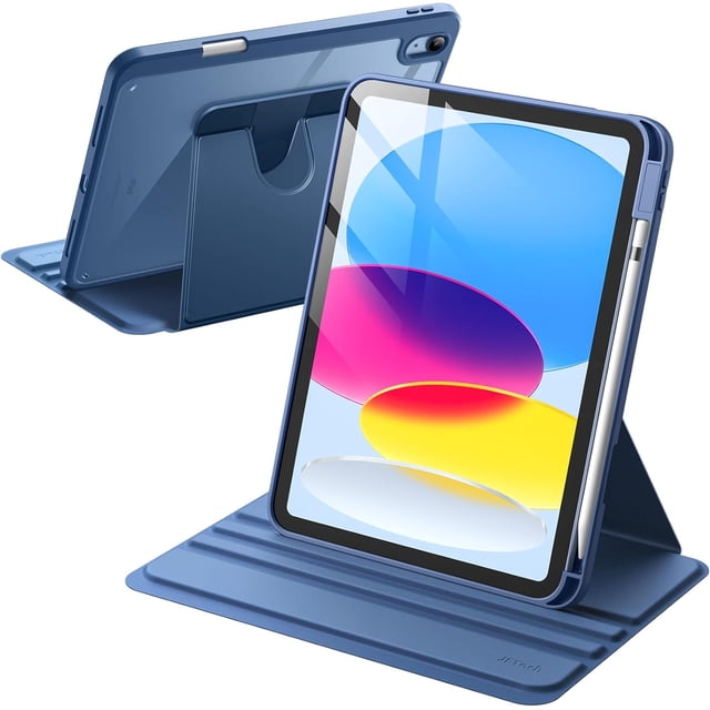JETech Funda Giratoria para iPad (A16) 11.ª/10.ª Generación (2025/2022) con Soporte para Pencil, Carcasa Soporte Rotación de 360 Grados Protectora Respaldo Clara (Marino)
