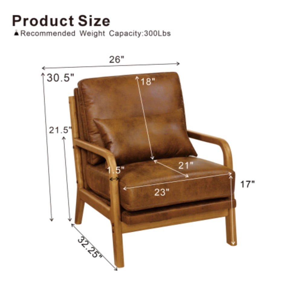 Wooden Lounge Chair, Modern Upholstered Accent Chair with Solid Wood Armrests, High-Density Foam Cushion, Reclined Backrest for Living Room, Bedroom & Office, Light Brown